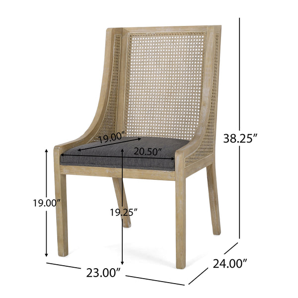 English Elm Christopher Knight Home® - DINING Chair with Cane Webbing and Upholstered Seat, Rustic Rubberwood Frame for Cozy Gatherings Charcoal 72388.00CHAR