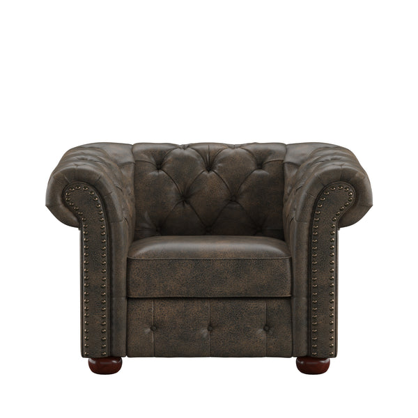 Homelegance By Top-Line Pietro Tufted Scroll Arm Chesterfield Chair Brown Polished Microfiber