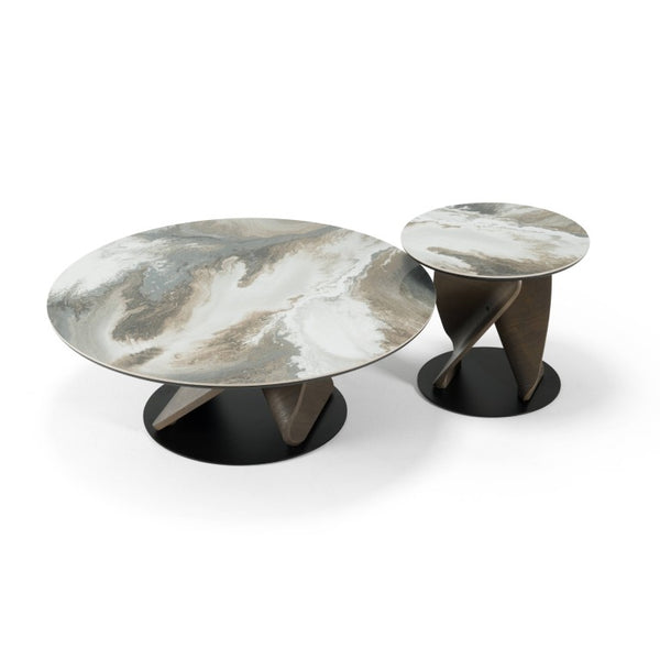 VIG Furniture Schiff Sculptural Marbled Ceramic Coffee & Accent Table Set With Grey Wood Pedestal Bases, Modern Appeal VGCS-EMA2-007-008