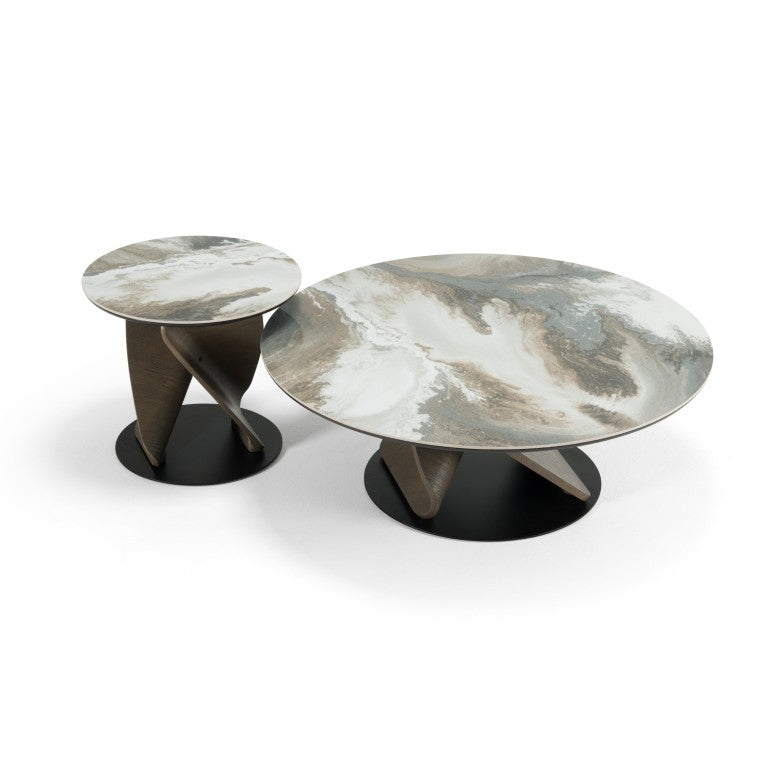 VIG Furniture Schiff Sculptural Marbled Ceramic Coffee & Accent Table Set With Grey Wood Pedestal Bases, Modern Appeal VGCS-EMA2-007-008