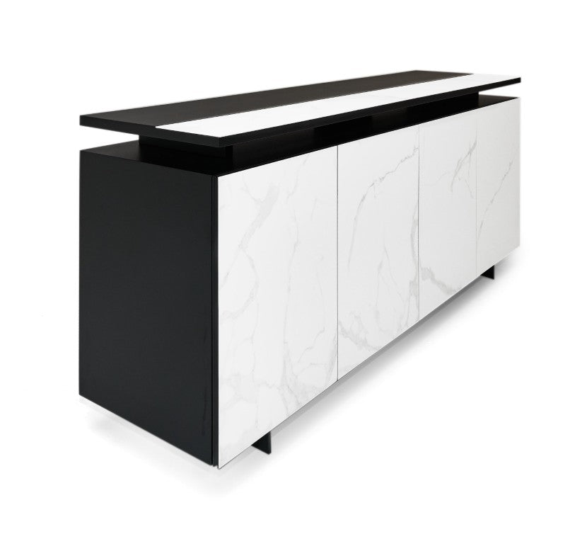 VIG Furniture Schulz Modern Black & White Ceramic Buffet With Marble-Look Veneer, 4 Doors, Adjustable Shelves, No Assembly VGVCG0925-18-1
