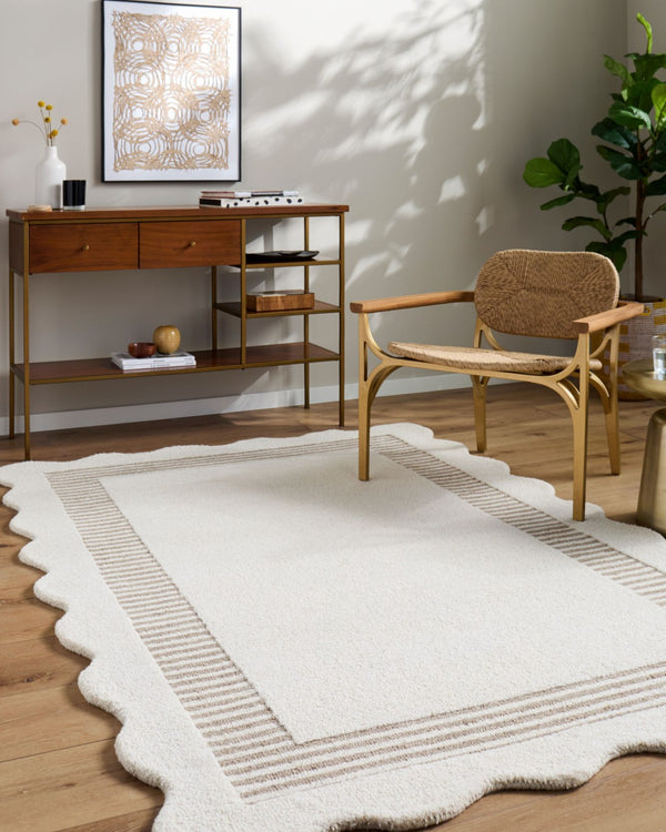 Livabliss Scalloped Wool Area Rug Hand Tufted in India for Modern Living Room Bedroom Ivory, Taupe' 2' x 3' SCP2307-23