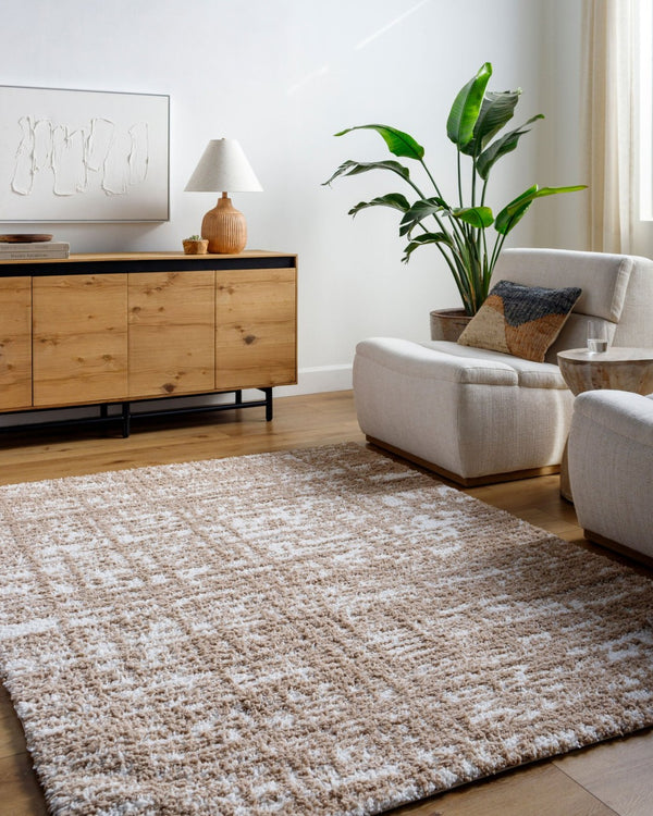 Livabliss Sacramento Shag Plush Polyester Area Rug for Living Room Bedroom Mid-century Modern Decor White, Tan 5'3" x 7' SCS2305-537