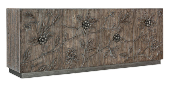 Hooker Furniture Melange Florence Four-Door Credenza With Hand-Cut Floral Motifs, Silver Hardware, Media-Ready Storage 628-85103-85