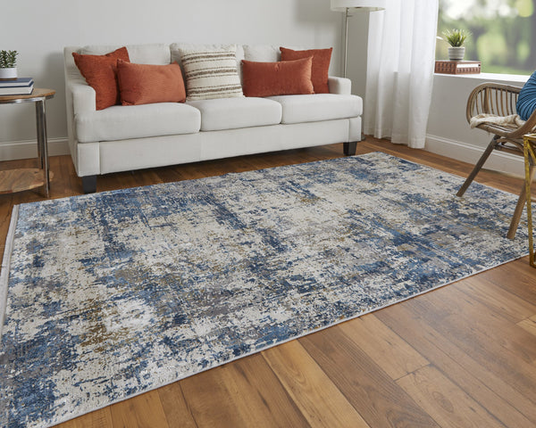 Feizy Rugs Cadiz Abstract Watercolor Area Rug - Luxurious Machine-woven Design Inspired By Spanish Elegance Ivory,Tan,Blue Viscose,Acrylic 8663891fbluivyi89