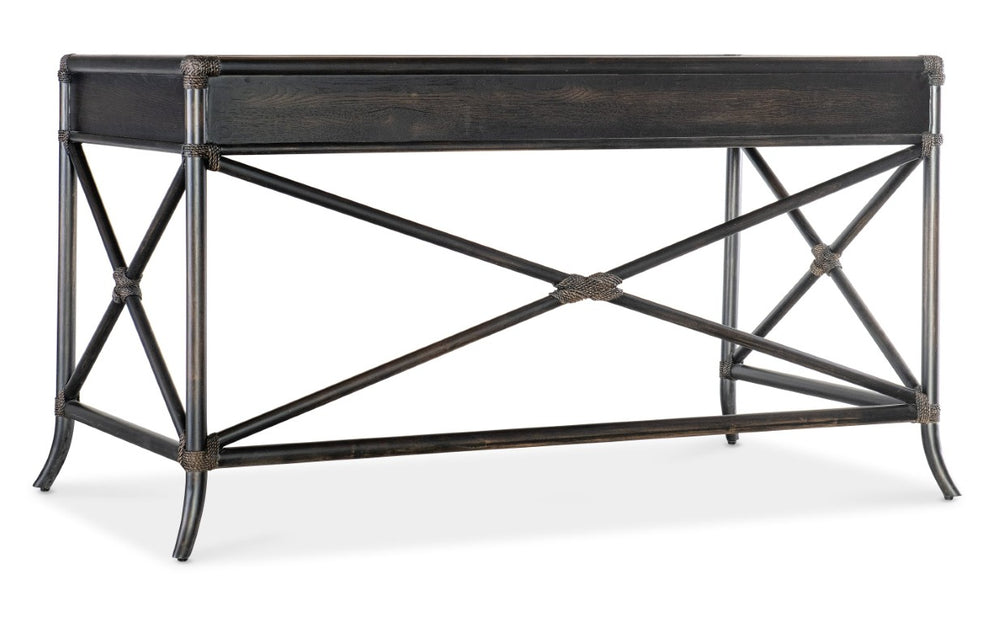 Hooker Furniture Retreat Coastal Pole Rattan Writing Desk With Dune Oak Veneer, 3 Drawers, Keyboard Ready, Rope Accents Dark Wood 6950-10458-99