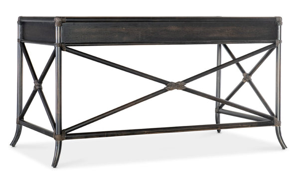 Hooker Furniture Retreat Coastal Pole Rattan Writing Desk With Dune Oak Veneer, 3 Drawers, Keyboard Ready, Rope Accents Dark Wood 6950-10458-99