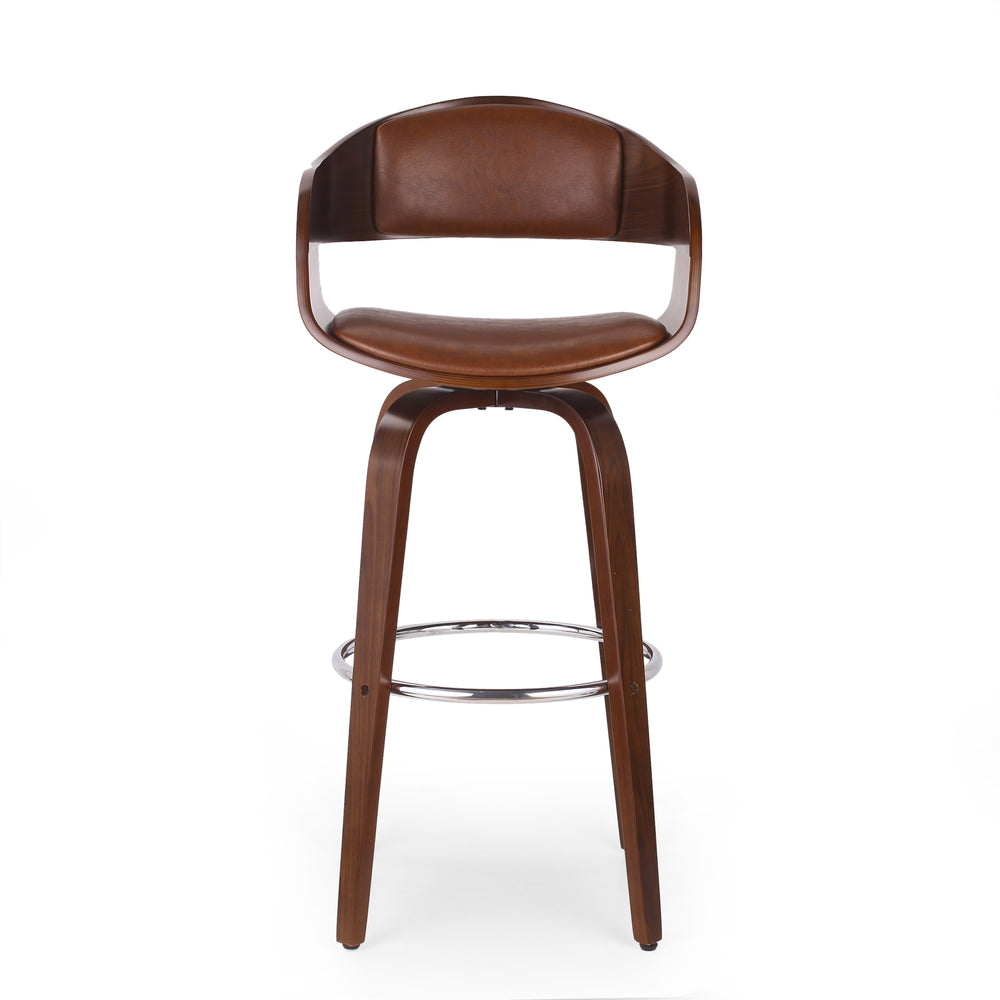 English Elm Christopher Knight Home® - BAR STOOL Mid-Century Modern Faux Leather Swivel with Walnut Veneer Frame and Chrome Footrest Brown 67494.00PUCOGN