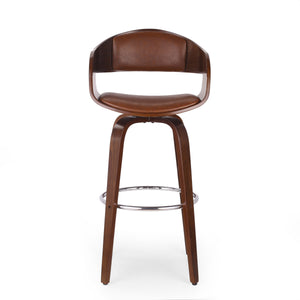 English Elm Christopher Knight Home® - BAR STOOL Mid-Century Modern Faux Leather Swivel with Walnut Veneer Frame and Chrome Footrest Brown 67494.00PUCOGN