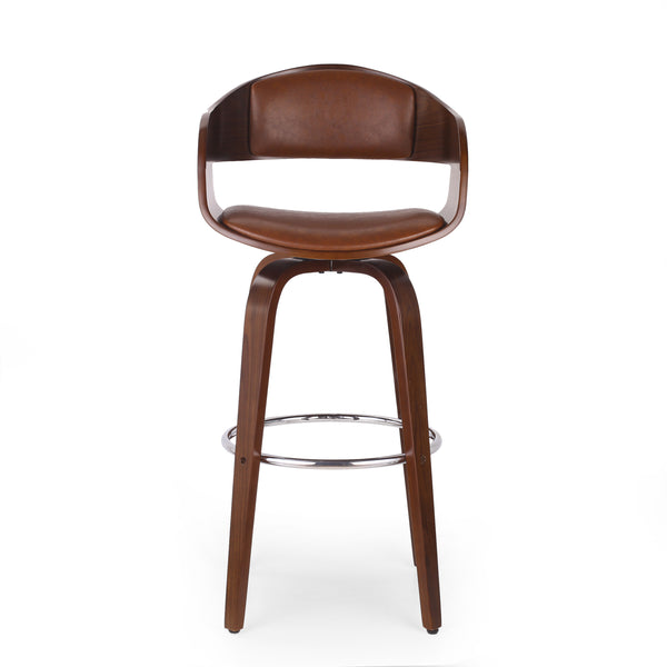 English Elm Christopher Knight Home® - BAR STOOL Mid-Century Modern Faux Leather Swivel with Walnut Veneer Frame and Chrome Footrest Brown 67494.00PUCOGN
