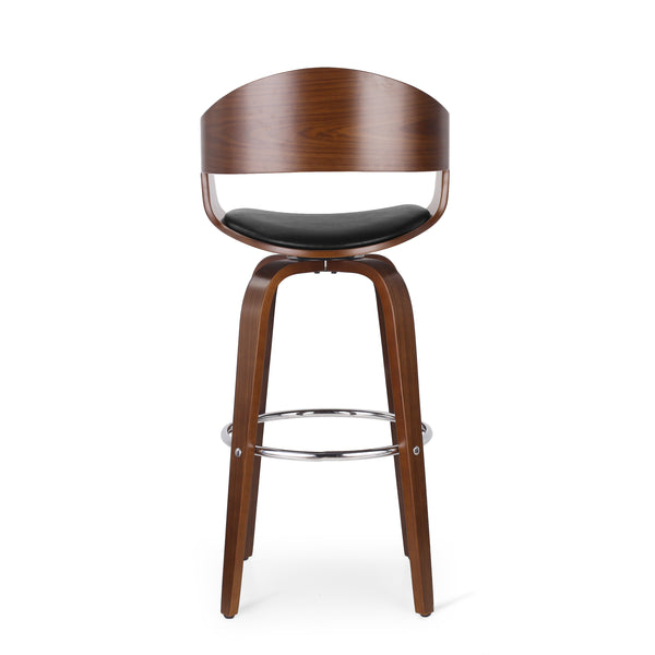 English Elm Christopher Knight Home® - BAR STOOL Mid-Century Modern Faux Leather Swivel with Walnut Veneer Frame and Chrome Footrest Black 67494.00PUMDNT