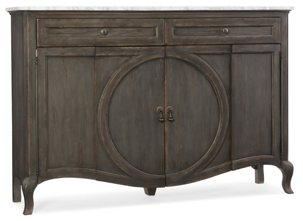 Hooker Furniture Melange Sculpted Marble-Top Credenza With Ventilated Media Storage, Cabriole Legs & Distressed Charcoal Finish 1610-85005-GRY