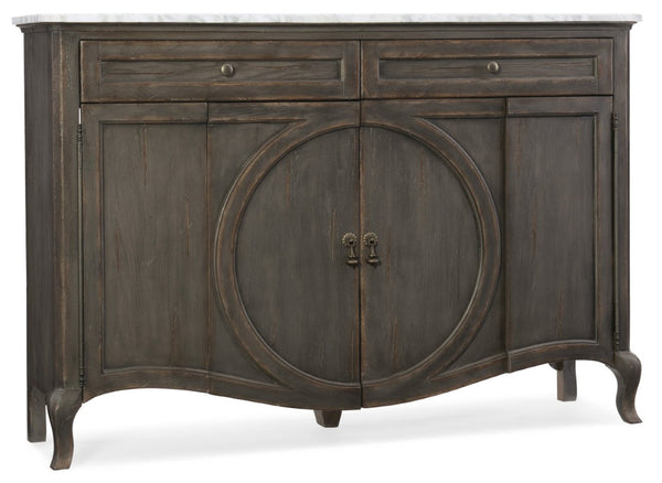 Hooker Furniture Melange Sculpted Marble-Top Credenza With Ventilated Media Storage, Cabriole Legs & Distressed Charcoal Finish 1610-85005-GRY