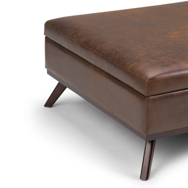 English Elm Owen Square Storage Ottoman Coffee Table - Distressed Chestnut Faux Leather, Mid-Century Style B136P159173-GIGA