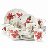 Butterfly Meadow 18-Piece Porcelain Dinnerware Set, Holiday Flowers Design, Dishwasher Safe