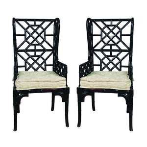 Atlas Bamboo Accent Chairs - Hand-Carved Molten Lava Finish with Oyster Cushions for Modern Interiors Set of 2 Black SE11001-01S