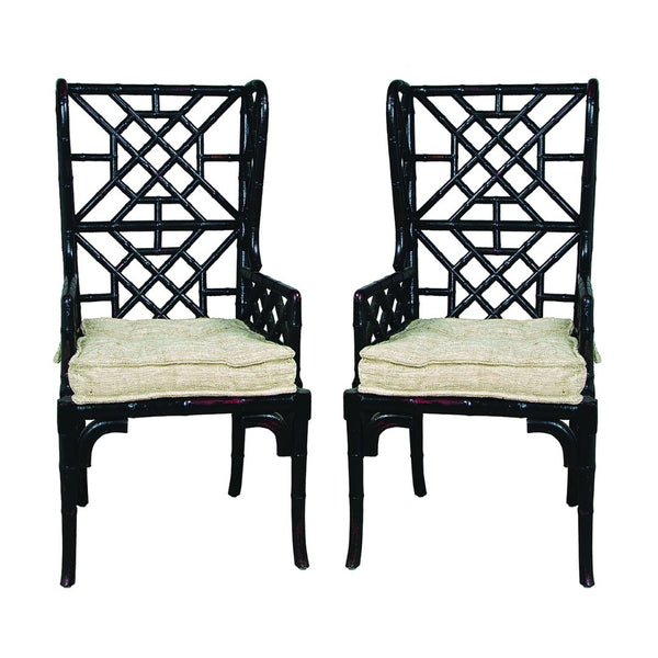 Atlas Bamboo Accent Chairs - Hand-Carved Molten Lava Finish with Oyster Cushions for Modern Interiors Set of 2 Black SE11001-01S