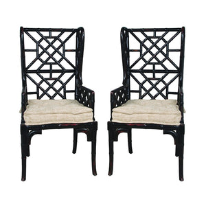 Atlas Bamboo Accent Chairs - Hand-Carved Molten Lava Finish with Oyster Cushions for Modern Interiors Set of 2 Black SE11001-01S
