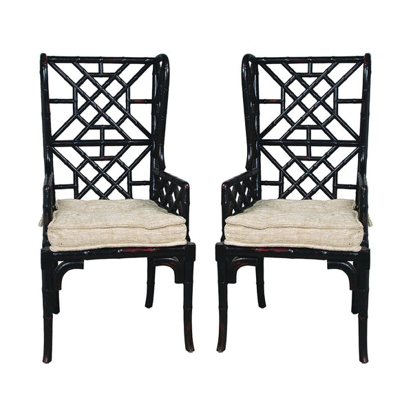 Atlas Bamboo Accent Chairs - Hand-Carved Molten Lava Finish with Oyster Cushions for Modern Interiors Set of 2 Black SE11001-01S