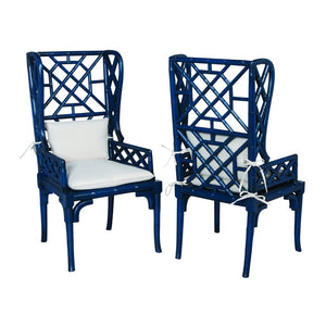 Atlas Bamboo Accent Chairs - Hand-Carved Molten Lava Finish with Oyster Cushions for Modern Interiors Set of 2 Navy SE11002-02S