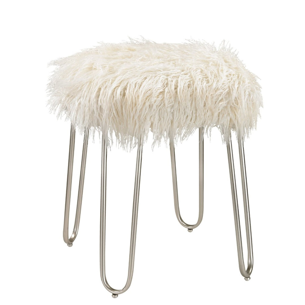 Atlas Betty Vanity Stool - Plush White Faux Fur Accent with Curved Metal Legs for Vintage Glamour SE11005-01