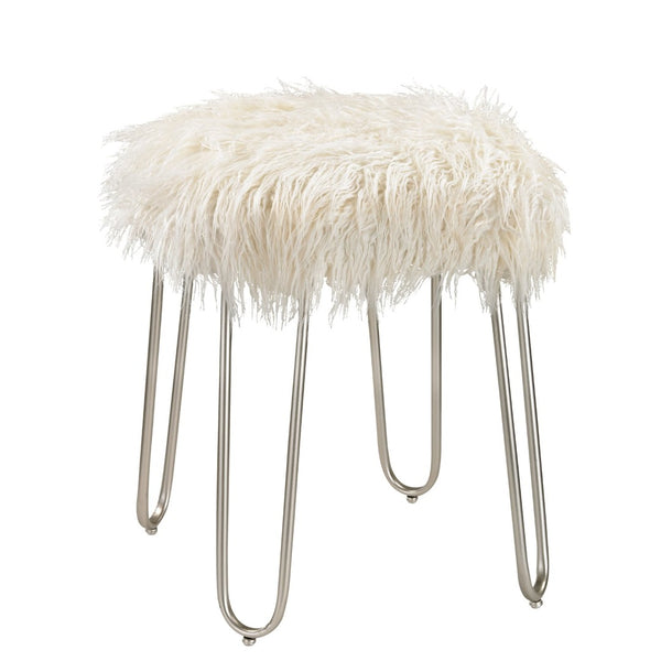 Atlas Betty Vanity Stool - Plush White Faux Fur Accent with Curved Metal Legs for Vintage Glamour SE11005-01