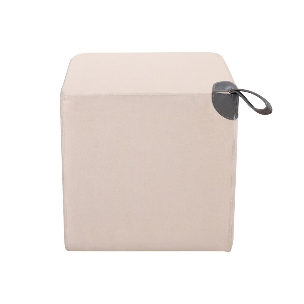 Atlas Hartman Stool - Luxurious Beige Velvet Accent Cube with Leather Handle for Modern Spaces SE11023-01