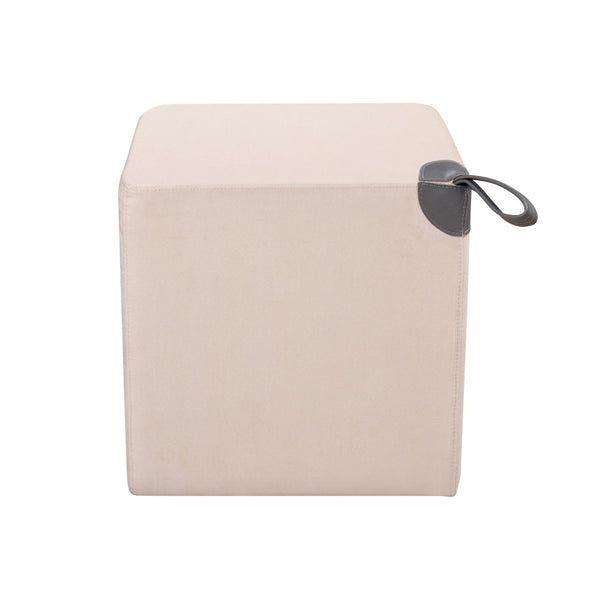 Atlas Hartman Stool - Luxurious Beige Velvet Accent Cube with Leather Handle for Modern Spaces SE11023-01