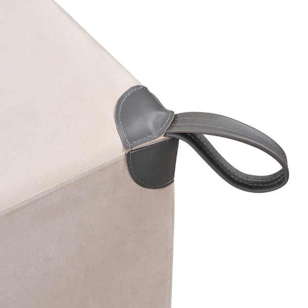 Atlas Hartman Stool - Luxurious Beige Velvet Accent Cube with Leather Handle for Modern Spaces SE11023-01