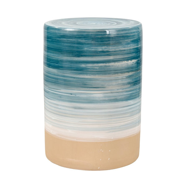 Atlas Roe Bay Accent Stool - Handcrafted Earthenware with Coastal Blue Glaze for Versatile Beachy Style SE11053-01