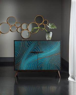 Hooker Furniture Melange Esperanza Two-Door Chest With Teal & Gold Gesso Finish, Walnut Veneers, Rattan Accent Storage 638-85451-45