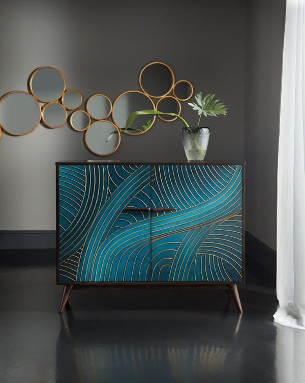 Hooker Furniture Melange Esperanza Two-Door Chest With Teal & Gold Gesso Finish, Walnut Veneers, Rattan Accent Storage 638-85451-45