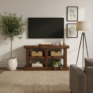 Origins Sequoia Rustic-Modern Console Table in Warm Walnut Veneer — Fully Assembled, Open-Frame Storage and Display (60") 80"W x 15"D x 32.75"H RL9500-10