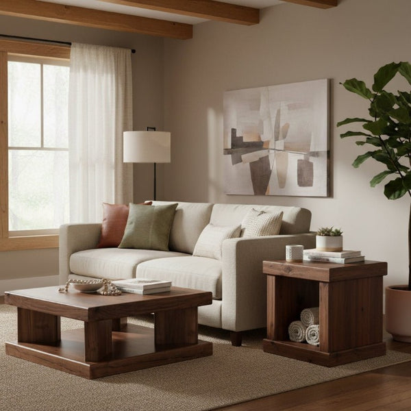 Origins Sequoia Walnut Coffee Table — 42" Square Rustic-Modern Centerpiece with Open Shelf, Durable Finish RL9500-61
