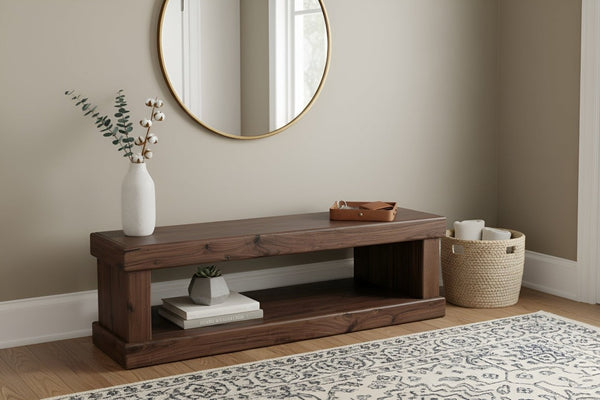 Origins Sequoia 60" Entry Bench with Walnut Veneer, Open Shelf Storage, Rustic-Modern Seating for Hallway RL9500-03