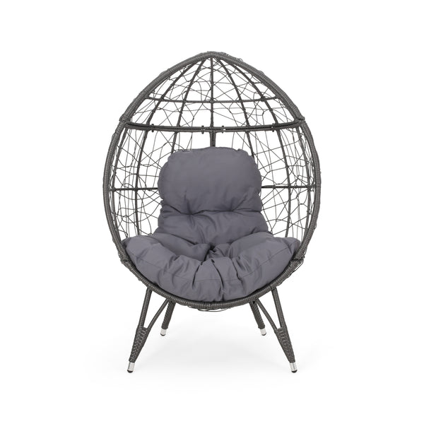 English Elm Christopher Knight Home® - GIANNI Teardrop Wicker Outdoor Chair with Water-Resistant Cushion, Handcrafted Faux Rattan Iron Frame Comfort Gray 65645.00GDGRY