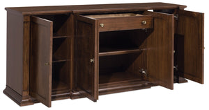 Hooker Furniture Archives Buffet With Figured Walnut Veneers, Satin Brass Hardware & Organized Storage For Formal Dining 6123-75900-89