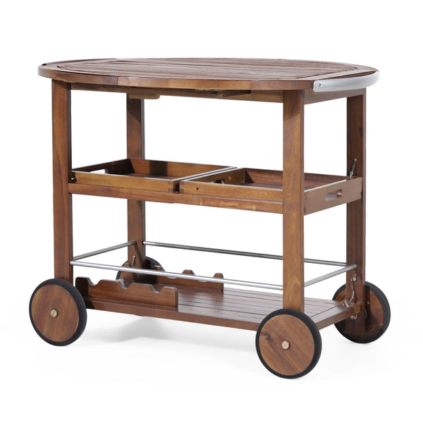 English Elm Christopher Knight Home® - BAR Tillary Outdoor Acacia Wood Drop-Leaf Bar Cart with Wine Rack, Drawers & Aluminum Wheels, Oak 60987.00