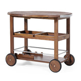 Christopher Knight Home® - Noble House - Tillary Outdoor Dark Oak Acacia Wood Bar Cart with Shiny Powder Coated Aluminum Accents