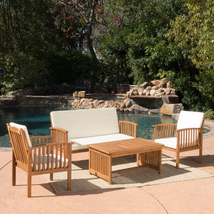 English Elm 4pc Outdoor Chat Set Solid Acacia Wood Loveseat Club Chairs and Coffee Table Patio Brown 59116.00