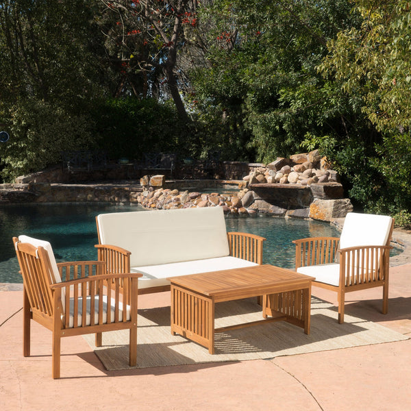 English Elm 4pc Outdoor Chat Set Solid Acacia Wood Loveseat Club Chairs and Coffee Table Patio Brown 59116.00