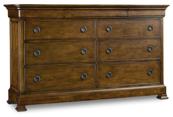Hooker Furniture Archivist Pecky Pecan Nine-Drawer Dresser With Felt-Lined, Cedar-Lined & Hidden Jewelry Storage, Distressed Finish 5447-90002