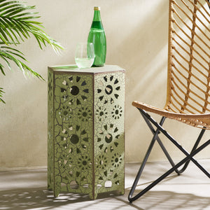 English Elm Galore Iron Patio Side Table with Sunburst Cutout and Crackle Finish for Outdoor Lounging Green 60815.00CGRN