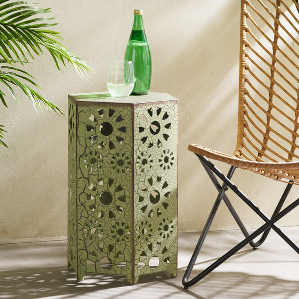 English Elm Galore Iron Patio Side Table with Sunburst Cutout and Crackle Finish for Outdoor Lounging Green 60815.00CGRN