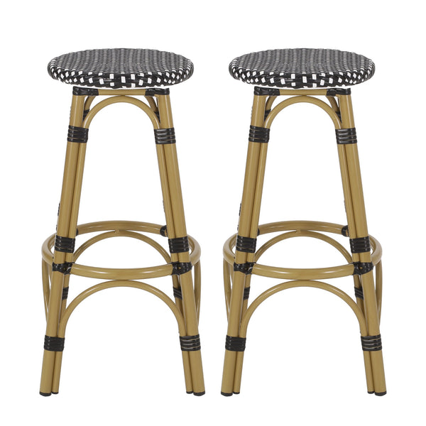 English Elm Outdoor Tropical Pe Rattan Backless Barstools Aluminum Frame Poolside Set of 2 72607.00BLK