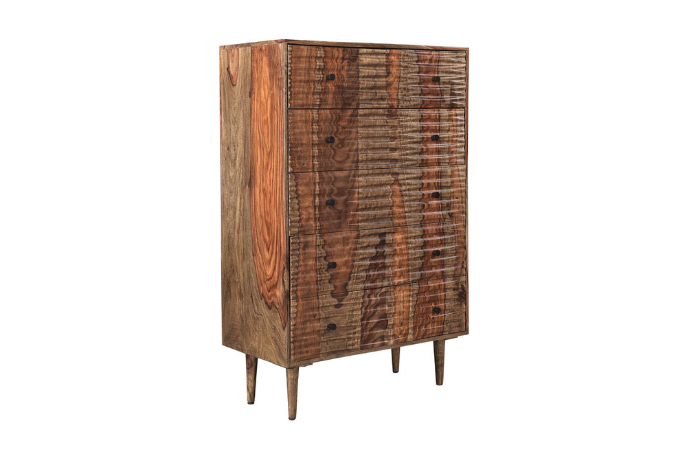 Porter Designs Porter Waves 5 Drawer Chest In Rich Honey Sheesham Wood - Mid-century Modern Storage Solution Brown Wood 04-196-05-w005