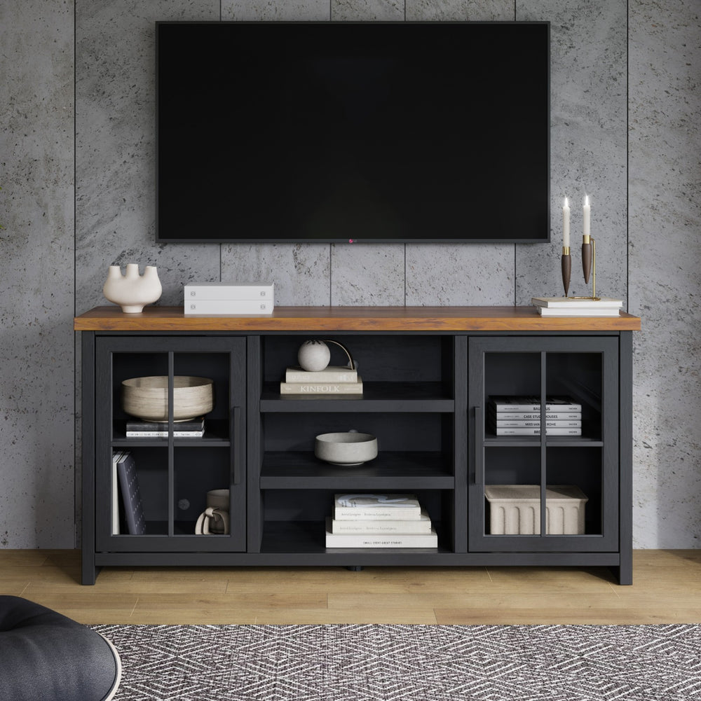 Legends Furniture Bridgevine Home Essex 67 Inch Tv Stand Console For Tvs Up To 80 Inches, No Assembly Required, Black And Whiskey Finish Black Poplar Solids And Okoume Veneers Es1210.Swk