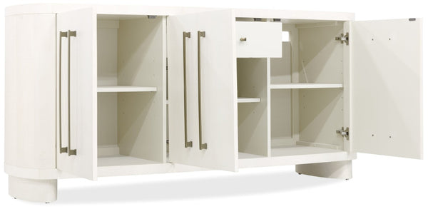 Hooker Furniture Melange Bow-Front Credenza In Crisp White Figured Maple Veneer — 72" Storage Console W/ Soft-Close Doors 628-75010-05