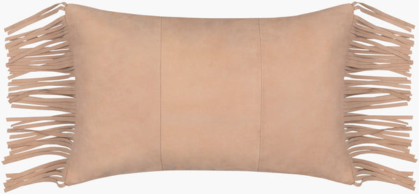 Surya Suede Fringe Rustic Lumbar Pillow 14"L X 22"W - Cozy Comfort, Earthy Elegance, Easy Care! Tan Leather,Cotton Sfg001-1422d