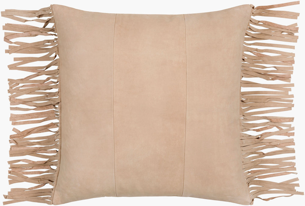 Surya Suede Fringe Accent Pillow – 20"X20" Rustic Comfort, Premium Cotton & Leather For Cozy Décor Tan Leather,Cotton Sfg001-2020d